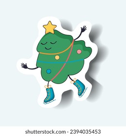 Christmas tree of sticker set. Highlighting of the magic of the season with this lovable Christmas tree character brought to life in a colorful sticker format. Vector illustration.