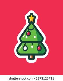 Christmas tree sticker. Xmas Decorations. Vector illustration on red background.