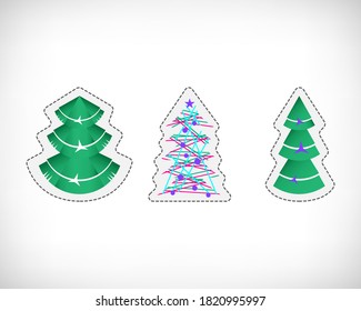 Christmas Tree stickers set on white background. Merry Christmas new year greeting gift design stickers collection. Flat vector Illustration.