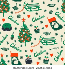 Árbol de Navidad, medias, pasteles, dulces, adornos de árboles, trineo y otros Elementos de vacaciones diversión sin patrón. Lindo patrón de temporada de vacaciones para el papel, diseño de tela.