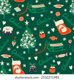 Árbol de Navidad, medias, pasteles, dulces, adornos de árboles, trineo y otros Elementos de vacaciones diversión sin patrón. Lindo patrón de temporada de vacaciones para el papel, diseño de tela.