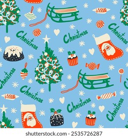 Christmas tree, stocking, cakes, sweets, tree ornaments, sleigh and other holiday elements fun seamless pattern. Cute holiday season pattern for paper, fabric design.