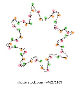 Christmas tree string color garland in star shape and text space isolated on white background. Realistic Christmas, New Year party decorations with transparency. Light bulb decor. Lights border