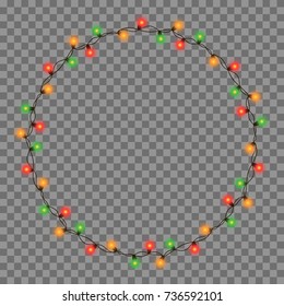 Christmas tree string garland in circle shape and text space isolated on background. Realistic Christmas, New Year party decorations with transparency. Light bulb decor. Lights border.