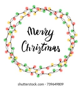 Christmas Tree String Garland In Circle Shape And Lettering Isolated On White Background. Realistic Christmas, New Year Party Decorations With Transparency. Light Bulb Decor. Lights Border