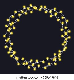 Christmas tree string garland in circle shape and text space isolated on dark background. Realistic Christmas, New Year party decorations with transparency. Light bulb decor. Lights border