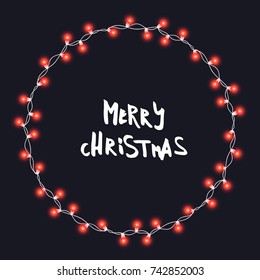 Christmas tree string garland in circle shape and lettering isolated on dark background. Realistic Christmas, New Year party decorations with transparency. Light bulb decor. Lights border
