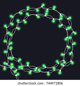 Christmas tree string garland in circle shape and text space isolated on dark background. Realistic Christmas, New Year party decorations with transparency. Light bulb decor. Lights border