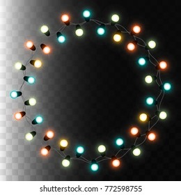 Christmas tree string garland in circle shape and text space isolated on background. Realistic Christmas, New Year party decorations with transparency. Light bulb decor. Lights border.