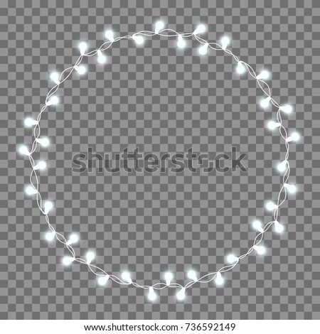 Christmas tree string garland in circle shape and text space isolated on background. Realistic Christmas, New Year party decorations with transparency. Light bulb decor. Lights border.