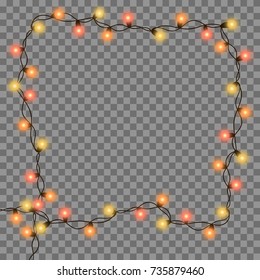 Christmas tree string garland in frame shape and text space isolated on background. Realistic Christmas, New Year party decorations with transparency. Light bulb decor. Lights border