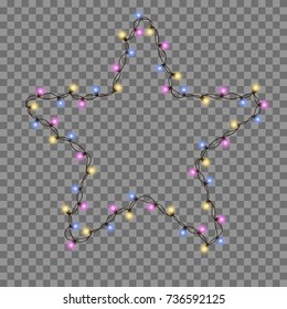 Christmas tree string garland in star shape and text space isolated on background. Realistic Christmas, New Year party decorations with transparency. Light bulb decor. Lights border