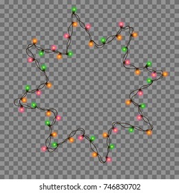 Christmas tree string garland in star shape and text space isolated on background. Realistic Christmas, New Year realistic party decorations with transparency. Light bulb decor. Lights border