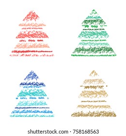 Christmas tree striped set crayon hand drawing with colorful stroke. Holydays shape design element. Fir-tree silhouette with sketch style. Vector pastel chalk or pencil grunge texture.