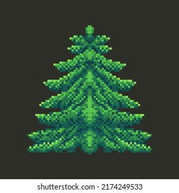 Christmas tree in the style of pixel art. Game retro graphics. Vector illustration
