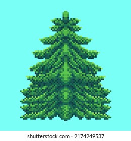 Christmas tree in the style of pixel art. Game retro graphics. Vector illustration