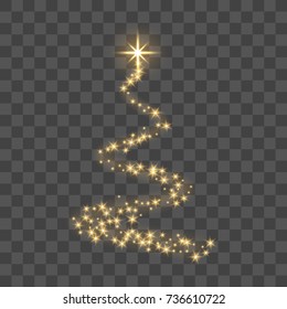 Christmas Tree Stylized On Transparent Background. Gold Christmas Tree As Symbol Of Happy New Year, Merry Christmas Celebration. Golden Star. Bright Shiny Design Vector Illustration