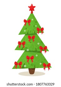 Christmas tree stylized with red bows. Vector illustration in cartoon flat style.