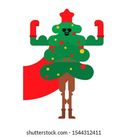 Christmas tree superhero. Super Fir in mask and raincoat. Xmas and New Year vector illustration