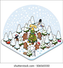 Christmas tree surrounded by gingerbread men in a snowy forest with cookies, christmas cane and snowman carry a present box