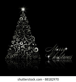 Christmas tree with swirls and floral elements on black background. Vector eps10 illustration