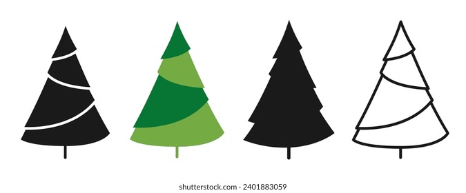 Christmas tree symbol cartoon and doodle, stamp stylized set. New Years and xmas traditional pine happy design for greeting card, invitation, banner, poster. Christmas trees abstract hand drawn vector