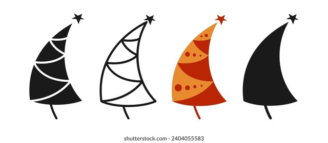 Christmas tree symbol cartoon and doodle, stamp stylized set. New Years and xmas traditional pine abstract design for greeting card, invitation, banner, poster. Christmas trees hand drawn woods vector