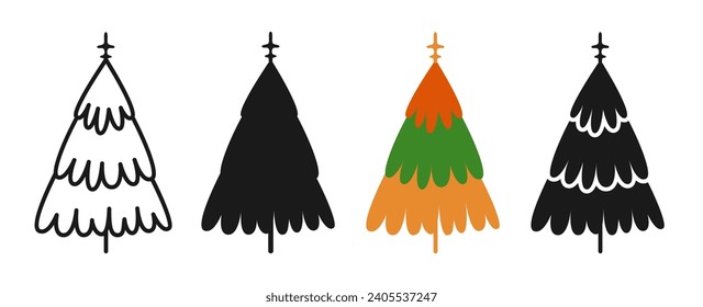 Christmas tree symbol cartoon and doodle, stamp stylized set. New Years and xmas traditional pine happy design for greeting card, invitation, banner, poster. Christmas trees abstract hand drawn vector