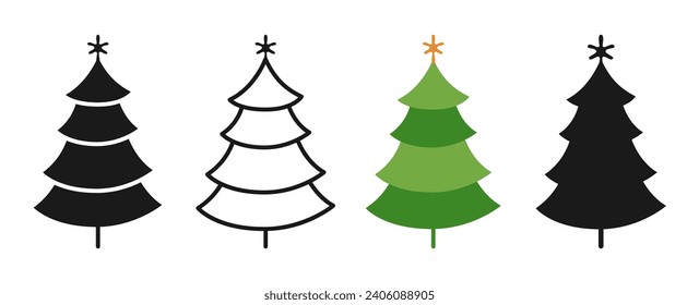 Christmas tree symbol cartoon and doodle, stamp stylized set. New Years and xmas traditional pine abstract design for greeting card, invitation, banner, poster. Christmas trees hand drawn woods vector