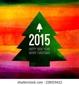 Christmas Tree symbol.  Colorful watercolor painting with 2015 label. Greeting card with  Happy New Year and Merry Christmas typing. Xmas background can be used for Christmas Card, Banner, Poster