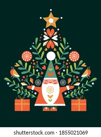 Christmas tree as symbol of Happy New Year, Merry Christmas holiday celebration. Scandinavian folk style. Colorfull illustration fof greeting or invitation card or poster.