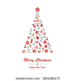 Christmas tree as a symbol of Happy New Year, the celebration of the Christmas holiday. Christmas card with decorative text and ornaments. Vector.