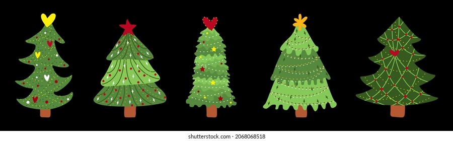 Christmas tree. Symbol of the New Year. Set of pine trees with decor, garlands, lights and stars. Vector illustration isolated.