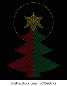 Christmas tree symbol radial dot pattern. Single tree in red and green color, a yellow six-pointed star on top with an halo. Single dots beginning from the center of the star. Illustration over black.