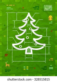 Christmas Tree Symbol As Technical Blueprint Drawing. Drafting Of Pine Sign On Crumpled Paper. Vector Image