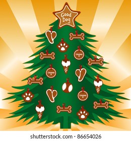 Christmas Tree with tasty gingerbread cookie treats for good dogs: T bone steak, dog bone, paw print, ice cream cone, license tag, ball. My Dog's Favorite tree ever. EPS10 compatible.