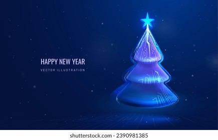 Christmas tree in technological style. Futuristic cyber Happy New Year greeting card. Winter holiday background