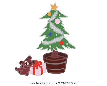 Árbol de Navidad, oso de peluche y cajas de regalo envueltas