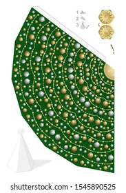 Christmas tree template. Easy 3D paper model to cut out, fold and glue. Creative fun. Decorated tree with golden and silver christmas balls and vintage straw stars.  
