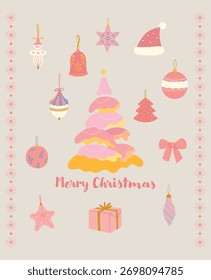 Christmas tree template featuring Santa hat, tree ornaments, balls, ribbons, gifts, star ornaments, and bells.
