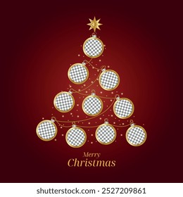 Christmas tree template with golden balls and customizable photo space