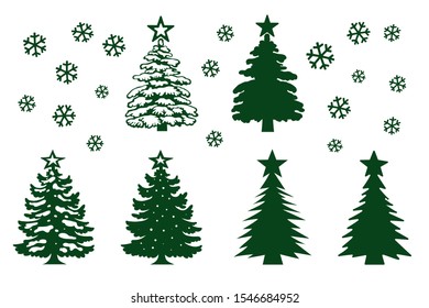 Christmas tree template set. Green silhouette, different shapes of construction, decoration  stars. Vector Isolated on White Background, New Year 's Day Elements