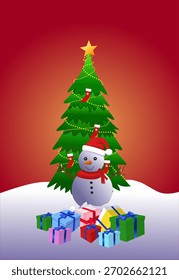 Plantilla del árbol de Navidad, muñeco de nieve, diseño de Vector, regalos de Navidad.