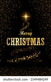 Christmas tree, text, black background. Gold Christmas tree, symbol of Happy New Year, Merry Christmas holiday celebration. Golden light, sparkle decoration. Bright shiny design Vector illustration