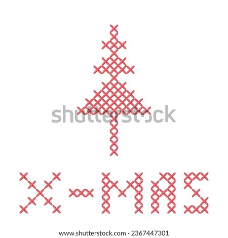Christmas tree with text xmas embroidery in peasant folk rustic motif. cross stitch fir and christmas