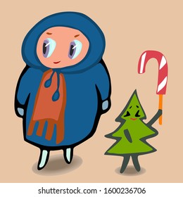 Сhild with a Christmas tree that holds a lollipop. Vector for New Year and Christmas. In color