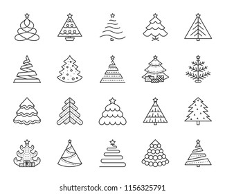 Christmas Tree Thin Line Icon Set. Outline Sign Kit Of Xmas Trendy. Spruce Stylized Linear Icons Of Pine Cone, Stand Skirt, Gift Ball. Simple Christmas Tree Black Symbol Isolated Vector Illustration