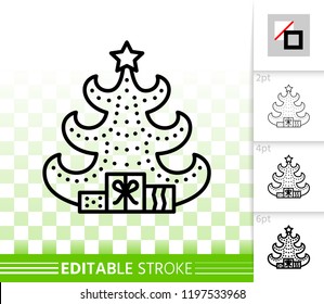 Christmas tree thin line icon. Outline sign of stylized spruce. Fir linear pictogram with different stroke width. New Year simple vector transparent symbol. Xmas tree editable stroke icon without fill