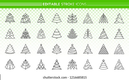 Christmas Tree thin line icon set. Outline web sign kit of spruce. Fir Branch linear icons of merry xmas, new year, january pine. Editable stroke without fill. Winter time simple contour vector symbol