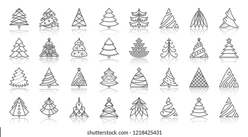 Christmas Tree thin line icon set. Outline sign kit of spruce. Fir Branch linear icons of family decorating greeting card, evergreen forest. Simple xmas pine symbol with reflection vector Illustration